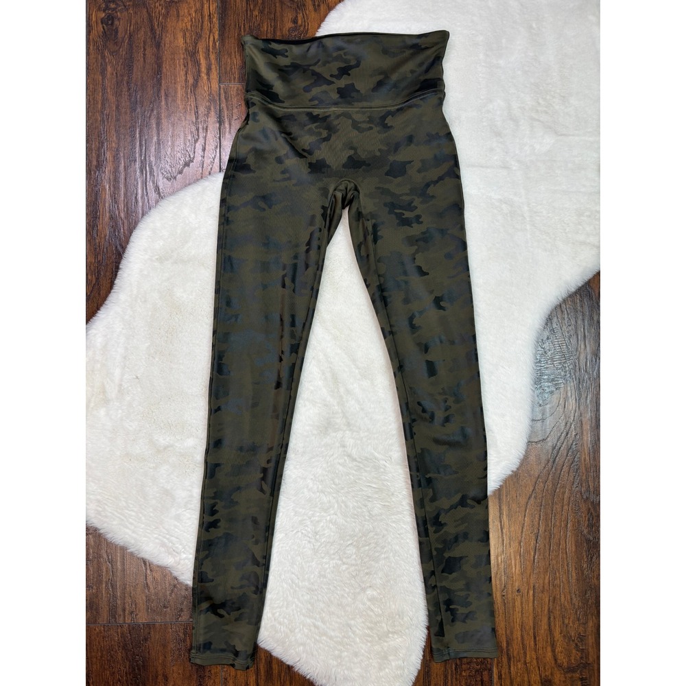 Spanx Faux Leather Leggings Small Green Camo High Waist Tummy Control Women